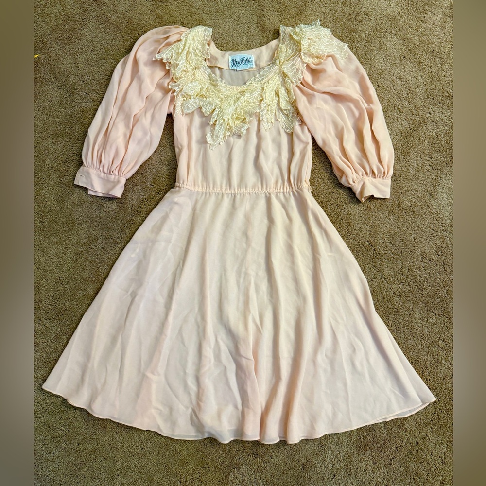 Vintage 70s Miss Ashlee Dress Women size S/M Pink Aline Skirt Sheer Ballroom